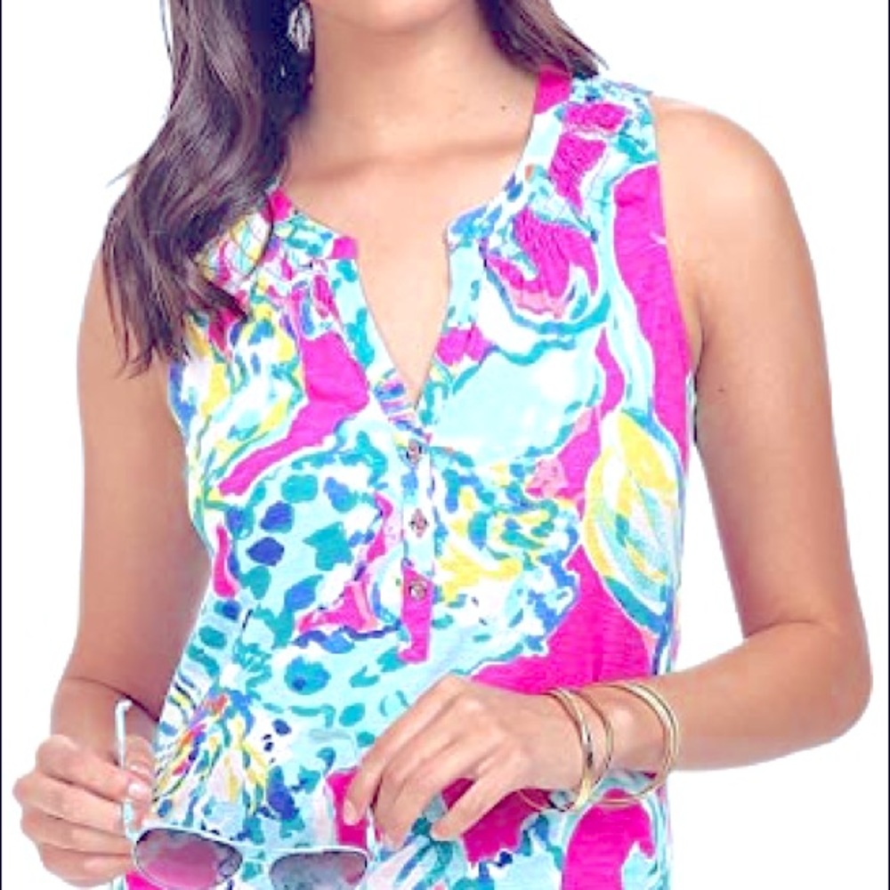 Lilly Pulitzer Pink Blue Essie Button Sleeveless Top Size X-Small